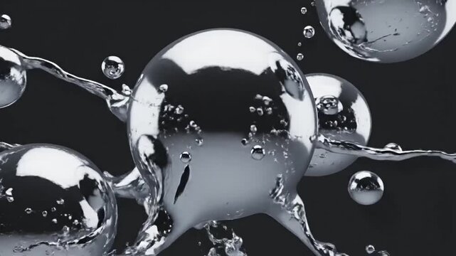 Close-up abstract 3D rendering of metallic liquid splashing and forming around shiny silver spheres against a dark background, abstract, metallic, liquid, splashing, silver, spheres, dark