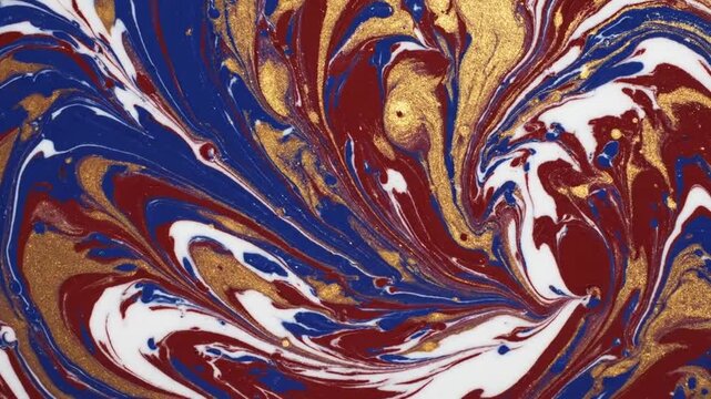 Abstract swirling pattern of red, white, blue, and gold metallic paint marbling, creating a vibrant and energetic marbled texture with a patriotic color scheme, abstract, swirling, pattern, red