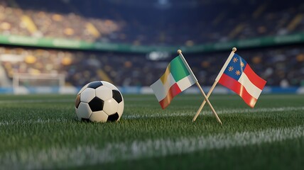 Fototapeta premium Soccer ball on grass with crossed flags of Ireland and Georgia in a professional stadium background