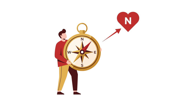 Conceptual illustration of a man holding a large golden compass pointing towards a heart shape symbol, representing life direction, love, and passion.