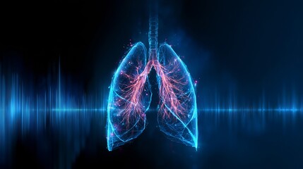 Fototapeta premium A medical illustration of human lungs with a vibrant blue and pink glow on a dark background with sound waves