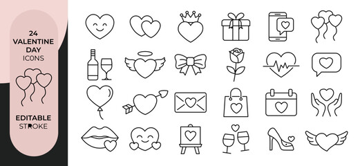 Fototapeta premium Valentines day icons set with editable stroke