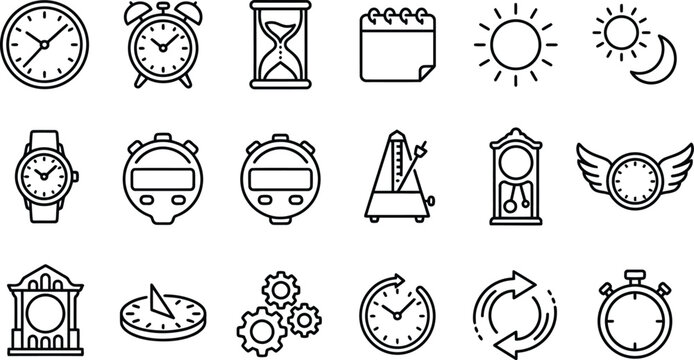 Set of time and clock icons, thin line style, vector illustration, isolated on white background