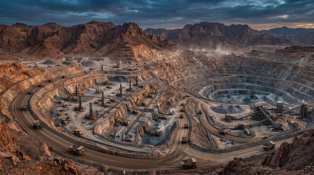 Industrial open pit mine at dusk, deep terraced copper or gold mining excavation, heavy machinery and haul trucks on winding quarry roads