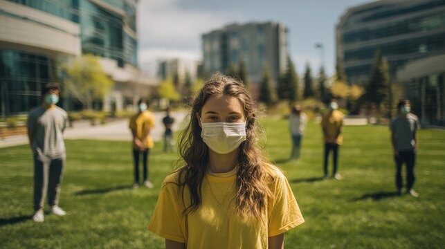 Diverse college students wearing masks on a sunlit campus quad with a focal girl in a yellow shirt