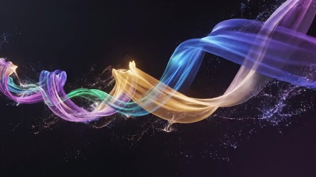 Swirling ribbons of translucent iridescent light in vibrant hues of purple blue and gold flow and twist dynamically against a dark background with scattered sparkling particles creating an ethereal