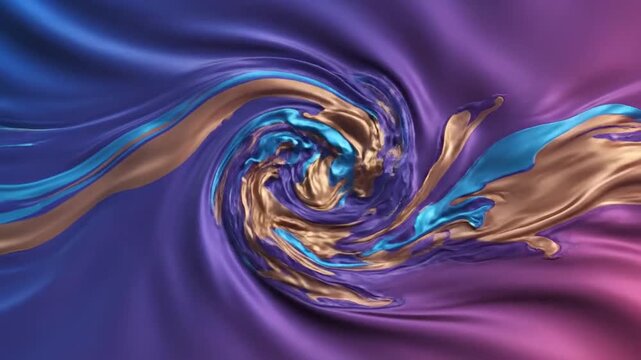 Intertwining waves of liquid gold and vibrant turquoise blue fluid merge and swirl within a deep purple and pink satin fabric background creating a rich and abstract textural composition Keywords
