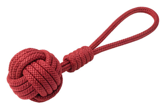 Red knotted rope dog toy with loop handle isolated on white background.