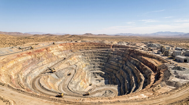 Open pit mine with deep terraced excavation, industrial gold or copper mining site in desert landscape, heavy machinery at large scale quarry