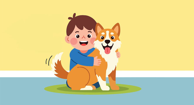 Cute cartoon boy, happy dog, corgi, illustration, vector graphics, kids, pets