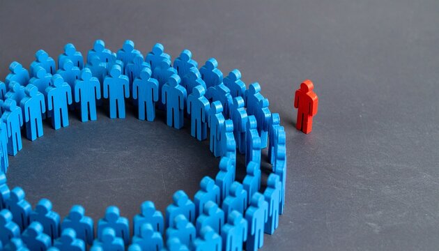 Red figure isolated outside circle of blue group unity