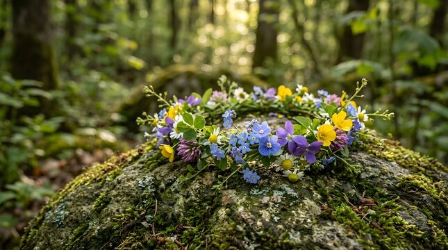 Vibrant traditional flower crown placed a moss-covered rock deep forest for a seasonal midsummer celebration.