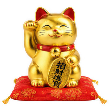Golden lucky cat figurine on red fabric cushion as isolated on transparent background
