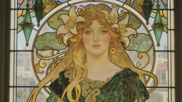 Jugendstil Glasmalerei Frau mit Lilien im Haar