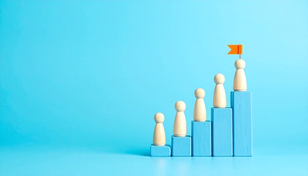 Wooden figures ascending blue blocks reaching orange flag symbolizing success