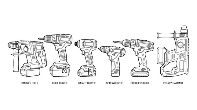 Collection of Various Power Drills in Different Sizes and Types for Construction and DIY Projects.