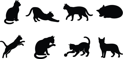 Cat silhouette illustrations, sitting stretching walking lying jumping grooming playing standing poses, feline posture artwork, black stylized cat anatomy design collection © MdAriful