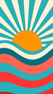 Vibrant Retro Sun Rising Over Wavy Ocean in Abstract Geometric Design