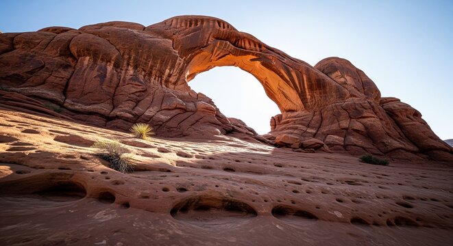 A massive natural red rock arch stands majestically under a clear blue sky in a desert landscape. The ground in the foreground is covered in unique textured sandstone potholes