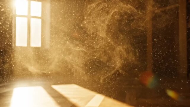Sunlight streams through a window illuminating a room filled with swirling golden dust particles and ethereal smoke-like wisps creating a magical atmospheric effect with visible light rays and a