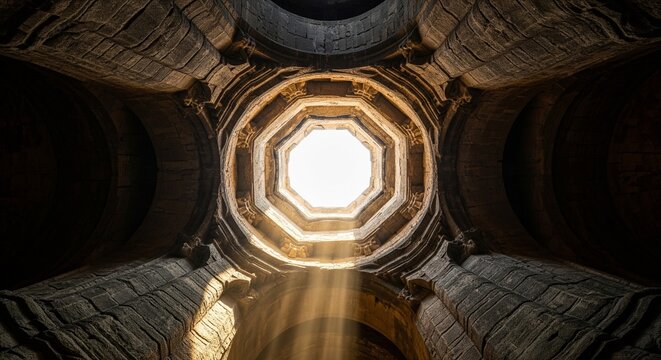 Looking up at an ancient stone ceiling with an octagonal opening, showing bright sun rays and light beams cutting through the dark temple interior