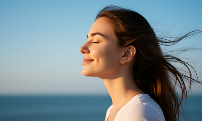Obraz premium Young woman with closed eyes enjoying the gentle breeze on a sunny day outdoors