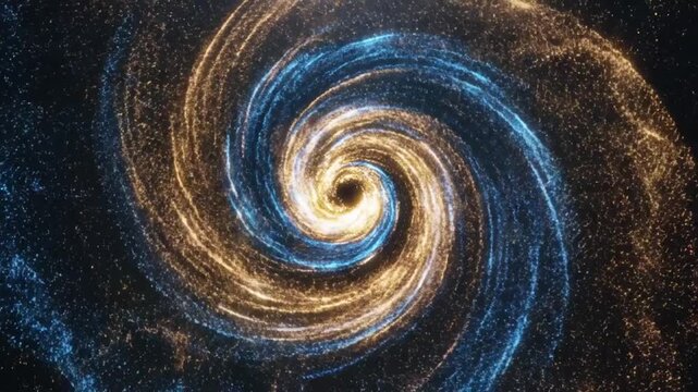 A cosmic vortex of glowing particles in swirling patterns of vibrant blue and bright golden yellow light against a deep black background creating a sense of dynamic motion and ethereal energy with