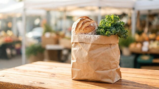 A paper bag filled with fresh bread and green kale sits on a wooden table at a market. The background features blurred market stalls and produce.