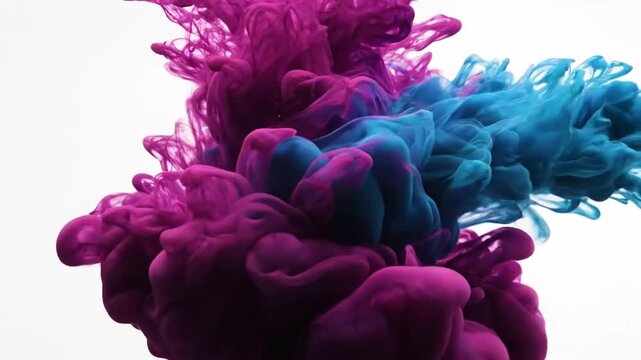 Vibrant magenta and turquoise ink clouds dramatically bloom and intertwine in a fluid, abstract explosion against a clean white background, showcasing organic shapes and flowing textures with a
