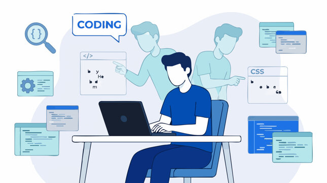 Flat vector illustration of a developer coding, programming web applications