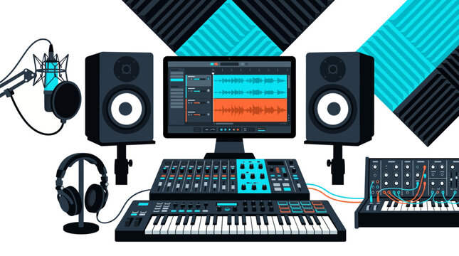 Music production modern audio collection with studio monitors microphone DAW interface and synthesizer vector set