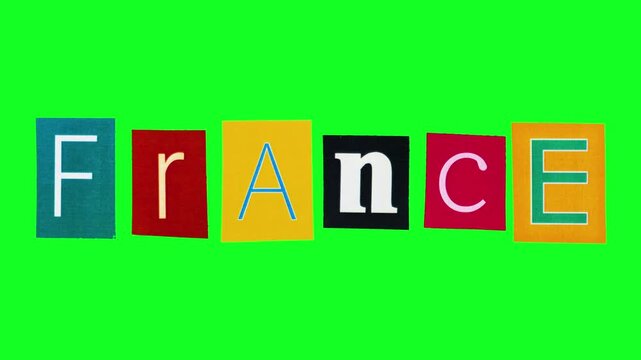 France spelled with colorful magazine letters on vivid green background, ransomstyle collage with handanimated framebyframe motion, Parisian romance Stickers are crumpled on green screen