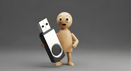 Fototapeta premium Hardware data storage and flash memory concept illustration with surprised wooden figure holding massive USB drive for computer tech blog banner