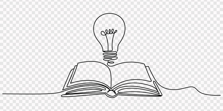 Continuous one line drawing of an open book with light bulb for education creativity idea imagination knowledge and back to school, One line drawing of shining light bulb above open book. Minimalist.