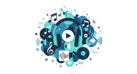 Obraz premium Abstract Music and Audio Concept Illustration with Headphones, Musical Notes, and Digital Icons in Blue Palette