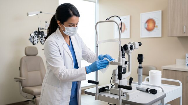 Optometry equipment disinfection, Eye clinic hygiene workflow, Gloved hands cleaning exam device, Safe healthcare environment, Professional medical sanitation