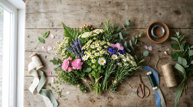 Vibrant midsummer wildflower bouquet arrangement fresh herbs ribbons rustic tools natural daylight overhead perspective.