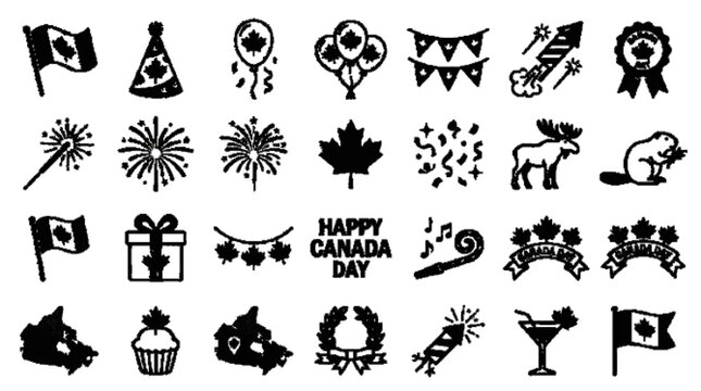 Create 25 unique Canada Day celebration elements, fireworks, maple leaf balloons, bunting, flags, sparkler, party hat, ribbon badge, clean minimal black vector only, isolated objects, premium stock il