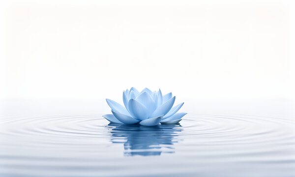 A single blue lotus flower floating on calm rippling water with a white background