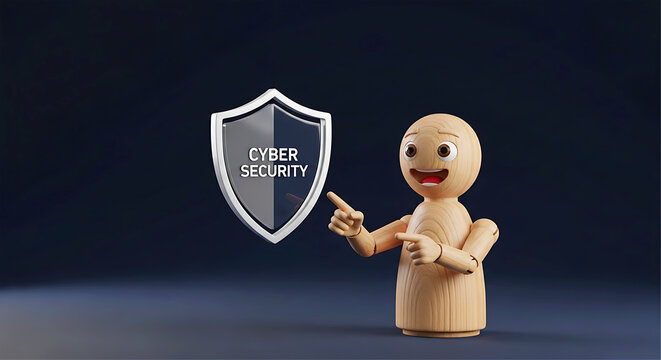 Data privacy cyber security solution concept illustration with happy wooden figure pointing to shield for business technology banner