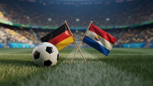 Soccer ball on grass with Germany and Paraguay flags in a large professional stadium arena background