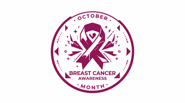 Breast cancer awareness month circular emblem with ribbon and decorative elements