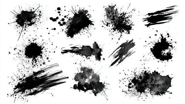 Dark Ink Splatter Abstract Stains on White Background