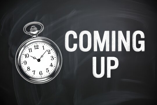 Vintage pocket watch illustration with Coming Up text on a chalkboard background.
