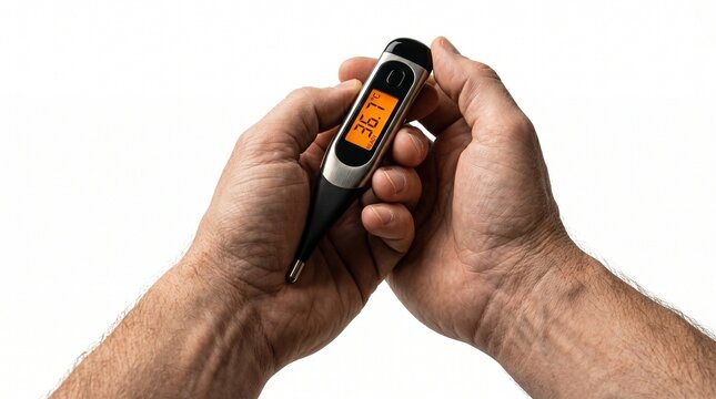Person holding a digital thermometer showing a normal body temperature of 36.7 degrees Celsius The Concept of the Flu, Influenza, and Winter Infectious Diseases