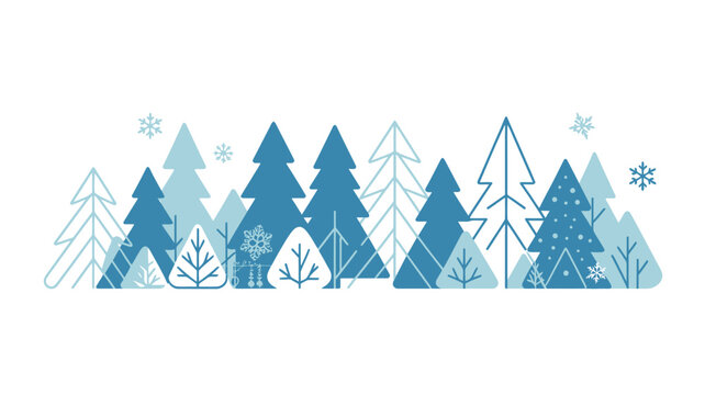 Isolated on transparent background winter forest border with stylized blue pine trees