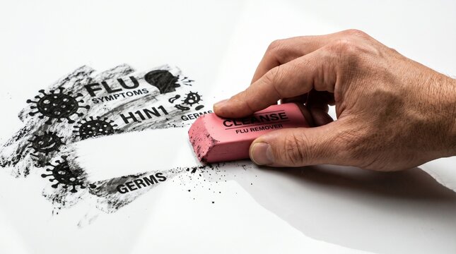 Hand erasing flu symptoms and germs with a pink eraser labeled cleanse flu remover The Concept of the Flu, Influenza, and Winter Infectious Diseases