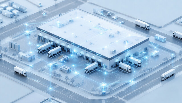 A 3D smart logistics hub with trucks and glowing digital connections.