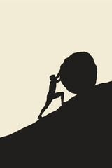 Silhouette of person pushing large boulder uphill vector © Nishan