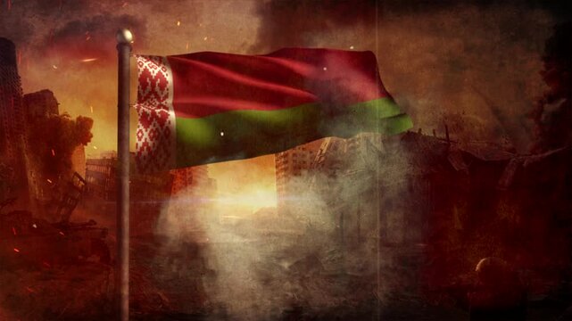 Belarus Flag with Cinematic Apocalypse Scene and Burning City